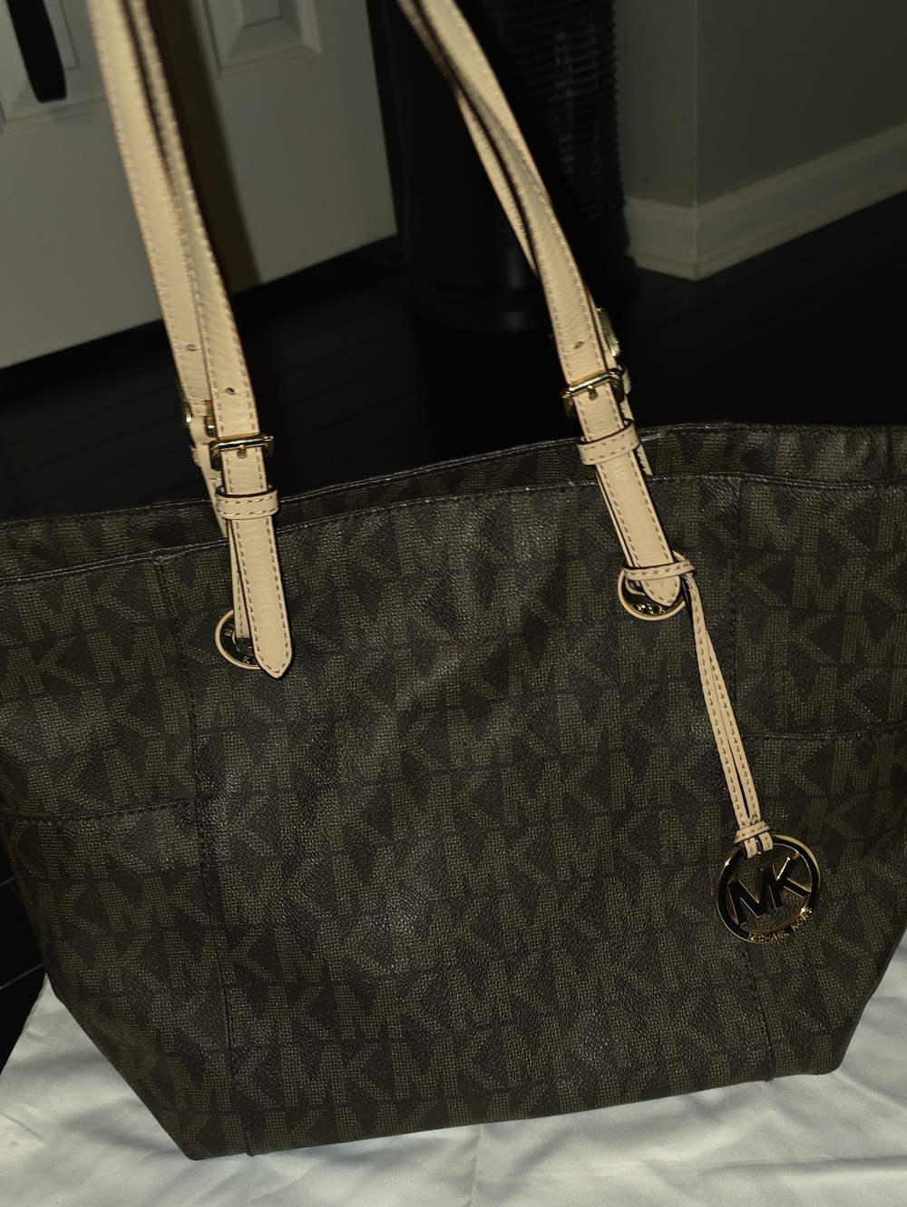 Michael Kors Brown Logo Tote with Cream Handles and Gold Hardware